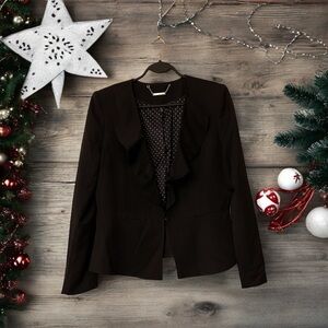 White House Black Market Ruffled Blazer with Black & White Polka Dot Lining
